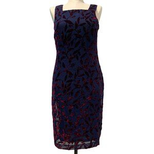 Maggy London Mauve Navy Floral Burnout Velvet Sheath Dress Size 10 Lined